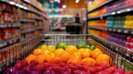 A shopping cart filled with bright, fresh fruits like oranges and raspberries sits in a colorful grocery aisle, showcasing a vibrant supermarket environment.の素材