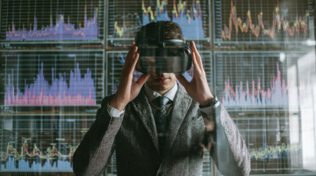 A business professional explores the intersection of technology and finance by wearing a virtual reality headset in front of financial charts, representing innovative trading strategies.の素材