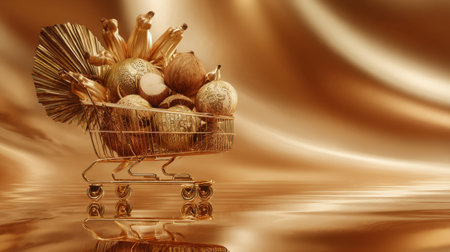 A stunning golden shopping cart filled with intricate ornaments sits on a reflective surface against a smooth bronze background, ideal for festive and luxury-themed designs.の素材