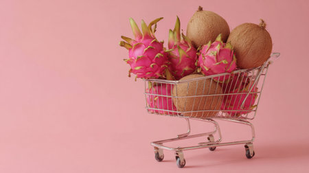A vibrant image of tropical fruits in a shopping cart against a pink backdrop, perfect for showcasing healthy eating, modern grocery shopping, and colorful lifestyle choices.の素材