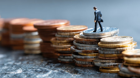 A miniature businessman stands confidently on a stack of coins, representing financial growth and investment strategy in a compelling way that showcases determination and ambition.の素材