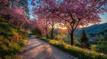 A picturesque scene of a tranquil pathway lined with vivid cherry blossom trees, basking in the soft light of sunrise, surrounded by lush greenery and gentle hills.の素材