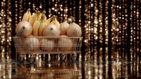 A golden shopping cart brimming with bananas and exotic fruits shines against a stunning shimmering background, capturing the essence of festive celebrations and elegant lifestyle.の素材