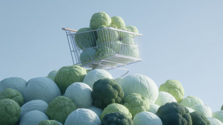 A whimsical and colorful image featuring a shopping cart filled with various shades of cabbage and lettuce resting atop a vibrant hill under a clear sky.の素材