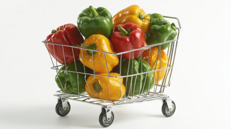 A vibrant collection of fresh bell peppers in varied colors displayed in a mini shopping cart, ideal for promoting healthy eating and grocery shopping themes in food photography.の素材