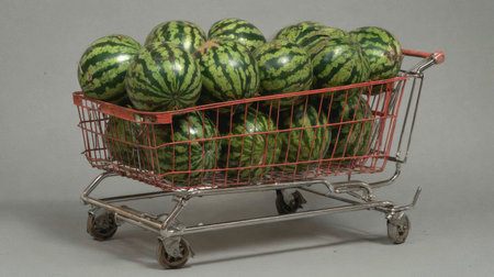 A shopping cart filled with fresh, vibrant watermelons against a gray backdrop, showcasing a delightful assortment of fruit perfect for summer gatherings and healthy eating.の素材