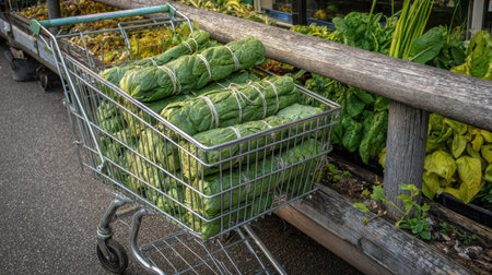 A shopping cart filled with neatly bundled fresh green vegetables, showcasing a vibrant array of produce at a local market near leafy greens in the background.の素材