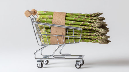 Mini shopping cart filled with fresh green asparagus showcases healthy eating concepts. Perfect for culinary projects, grocery themes, and food advertisements.の素材