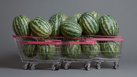 Three shopping carts brimming with fresh watermelons create an eye-catching display, perfect for summer-themed projects, food markets, and healthy living concepts.の素材