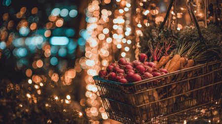 A beautifully arranged basket of fresh vegetables, including radishes and carrots, glows with soft lights in a market, creating an inviting evening atmosphere.の素材