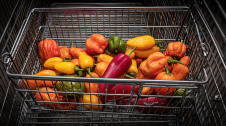 A visually striking collection of fresh peppers in varied colors arranged in a metal shopping basket, showcasing vibrant produce ideal for food-related themes and healthy lifestyles.の素材