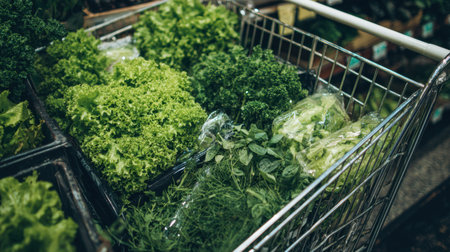 A vibrant collection of fresh green vegetables and herbs neatly arranged in a shopping cart at a grocery store, emphasizing healthy eating and meal preparation.の素材