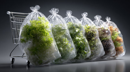 A visually striking display of various types of lettuce packed in transparent plastic bags, highlighting freshness and health, perfect for grocery and culinary concepts.の素材
