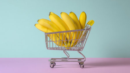 Bright and vibrant bananas nestled in a metallic shopping cart against a pastel background, symbolizing healthy eating and modern grocery shopping trends.の素材