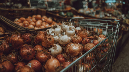 A vibrant display of fresh onions in a market setting, showcasing various types nestled in baskets. This image highlights the rich colors and earthy textures of fresh produce.の素材