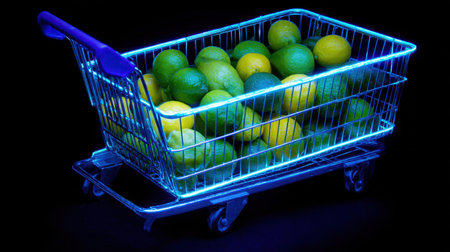 A captivating shopping cart filled with a variety of citrus fruits, vividly lit with blue light against a dark backdrop, emphasizing freshness and modern grocery aesthetics.の素材