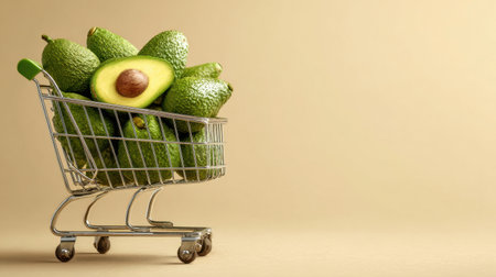 A shopping cart filled with fresh green avocados, including one cut in half, ideal for promoting healthy eating and organic produce in culinary contexts.の素材