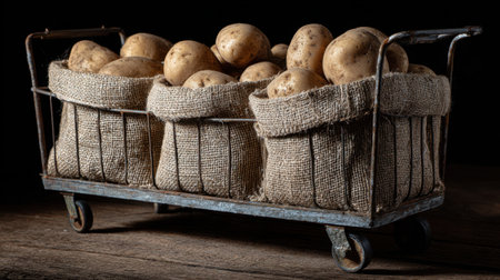 A collection of fresh potatoes displayed in burlap bags on a vintage cart, highlighting the beauty of farm produce and rustic charm in food photography.の素材