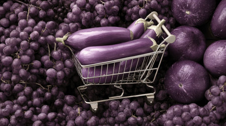A shopping cart filled with fresh eggplants is surrounded by a lush display of purple grapes and fruits, highlighting vibrant colors and healthy choices for food enthusiasts.の素材