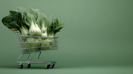 A visually appealing shopping cart filled with fresh green vegetables against a minimalist backdrop, ideal for promoting healthy eating, recipes, and grocery shopping themes.の素材