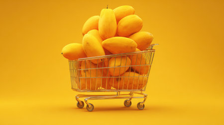 A colorful shopping cart filled with ripe mangoes on a vivid yellow background, symbolizing freshness and the joys of healthy eating in a fun summer setting.の素材