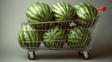 A vibrant shopping cart filled with fresh watermelons, showcasing a lively summer feel. Perfect for food lovers and seasonal promotions.の素材