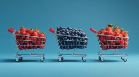 This image features an appealing arrangement of fresh strawberries and blueberries in shopping carts, highlighting vibrant colors against a blue backdrop, perfect for health-focused themes.の素材