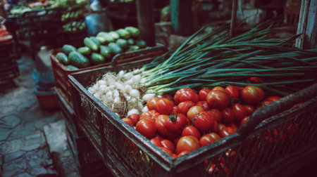 A charming local market scene featuring fresh tomatoes, cucumbers, and onions arranged in rustic baskets, showcasing the beauty and vibrancy of natural produce in a community setting.の素材