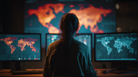 A focused professional analyzes world data on multiple screens in a dark room, with vibrant map visuals highlighting global insights and trends in technology and analytics.の素材