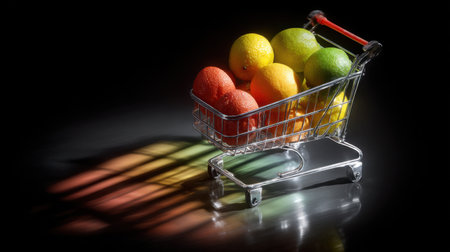 A striking composition featuring assorted fruits in a shopping cart, enhanced by dramatic lighting and shadows, capturing the essence of healthy eating and vibrant lifestyle choices.の素材