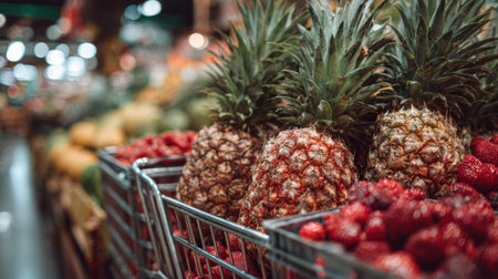 A vibrant display of fresh pineapples and juicy raspberries in a shopping cart, set in a busy grocery store, promoting healthy eating and colorful produce choices.の素材