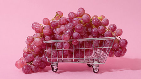 A vivid image of fresh purple grapes overflowing from a mini shopping cart on a soft pink background, representing healthy eating and vibrant grocery experiences.の素材