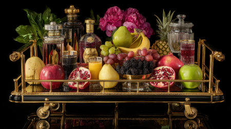 A stunning display featuring various fruits and beverages elegantly arranged on a luxurious trolley, perfect for enhancing any festive or sophisticated table setting.の素材