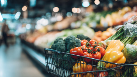 A vibrant selection of fresh vegetables fills a shopping cart in a grocery store, showcasing colorful produce against a warm and inviting backdrop, perfect for healthy living.の素材