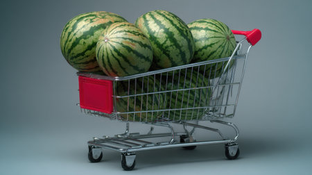 This image features fresh watermelons in a shopping cart, symbolizing healthy eating and summer freshness, perfect for grocery or market-themed projects.の素材