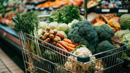 A shopping cart filled with fresh vegetables showcases the concept of healthy eating and nutrition, emphasizing the importance of fresh produce in grocery stores.の素材