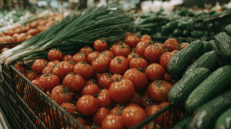 This image features a vibrant array of fresh tomatoes and cucumbers arranged in a grocery store, highlighting the importance of organic produce in healthy lifestyles.の素材
