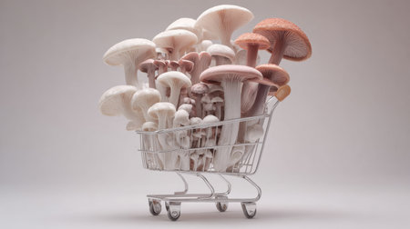 A vibrant arrangement of fresh mushrooms in a shopping cart, showcasing diverse shapes and colors, perfect for cooking themes and culinary inspiration. Ideal for food enthusiasts.の素材