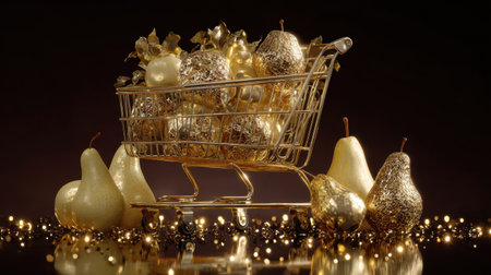 A visually striking image featuring golden pears nestled in a shopping cart, accentuated by sparkling lights and festive decorations, perfect for holiday themes and celebrations.の素材