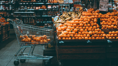 A vibrant market scene featuring a shopping cart filled with fresh oranges beside a beautiful display of citrus fruits and bananas, showcasing healthy eating options.の素材