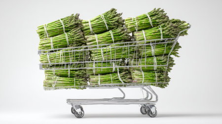 A shopping cart filled with fresh green asparagus bundles presents a vibrant and healthy choice for grocery shoppers and culinary enthusiasts. Perfect for food-related content.の素材