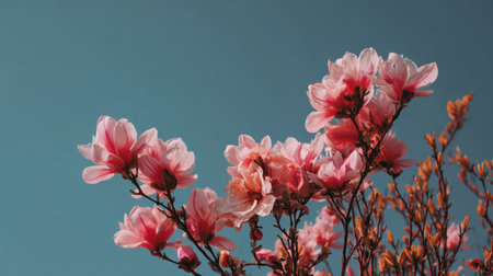 Colorful pink blossoms create a stunning visual against a clear blue sky, symbolizing the beauty and excitement of spring in a natural setting, perfect for floral enthusiasts.の素材