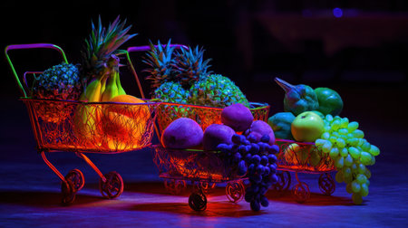 A striking display of fruits in vibrant shopping carts under colorful lighting, showcasing freshness and nutrition, ideal for grocery and healthy lifestyle themes.の素材