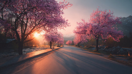 A serene pathway lined with blooming cherry blossom trees at sunrise, creating a peaceful and idyllic landscape filled with soft light and vibrant colors, perfect for nature lovers.の素材