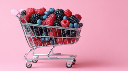 A vibrant shopping cart filled with fresh raspberries, blueberries, and blackberries stands on a pink background, showcasing the joyful colors and healthy appeal of summer fruits.の素材