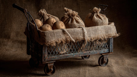 A vintage cart filled with fresh potatoes and burlap bags creates a charming rustic scene, ideal for themes of agriculture, harvest, and cozy farmhouse aesthetics.の素材
