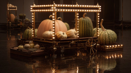 This image features a stunning arrangement of various pumpkins and gourds illuminated by soft golden lights, enhancing the lavish setting and rich textures of fall harvest.の素材