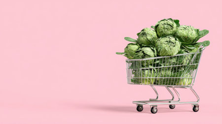 A shopping cart overflowing with fresh green cabbage against a soft pink background, representing healthy eating choices and vibrant grocery shopping experiences.の素材