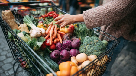 A vibrant display of fresh produce in a shopping cart at a local market, showcasing unique colors and textures. Perfect for healthy lifestyle themes and cooking inspiration.の素材