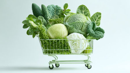A vivid arrangement of fresh green vegetables in a shopping cart highlights a commitment to healthy living and nutrition. Perfect for food-related themes and sustainable lifestyle.の素材